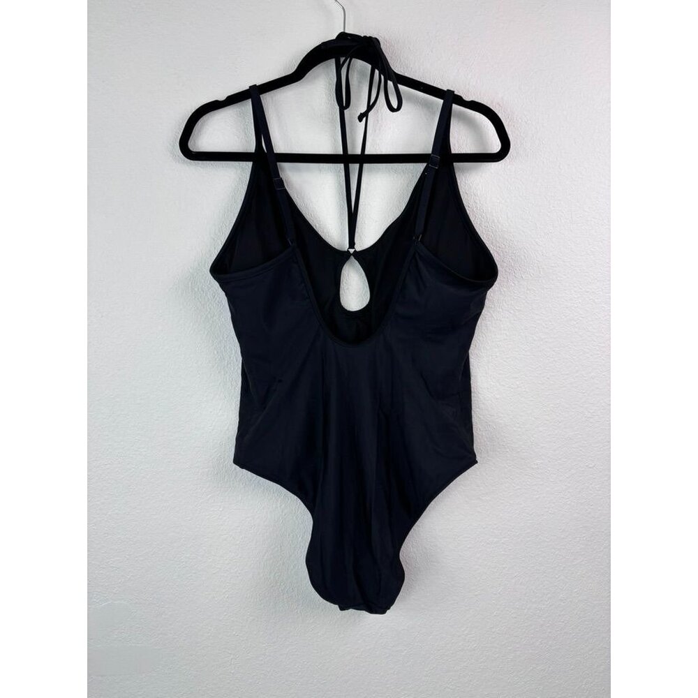 Aerie women's XL black one‎ piece cheeky swimsuit cutout halter tie